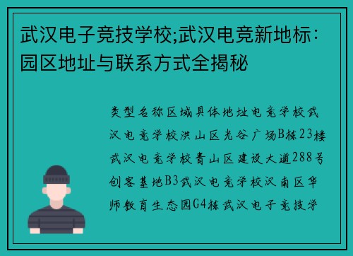 武汉电子竞技学校;武汉电竞新地标：园区地址与联系方式全揭秘