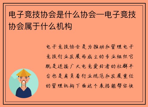 电子竞技协会是什么协会—电子竞技协会属于什么机构